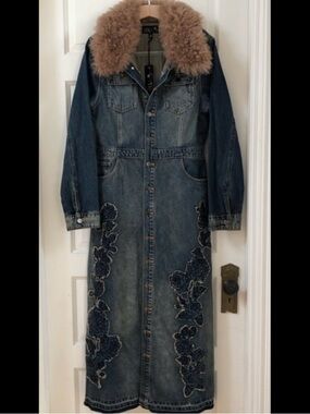 Delia’s Dolls Kill ‘KINGS ROAD’ Denim Rose Fur Maxi Coat Trench XL NWT